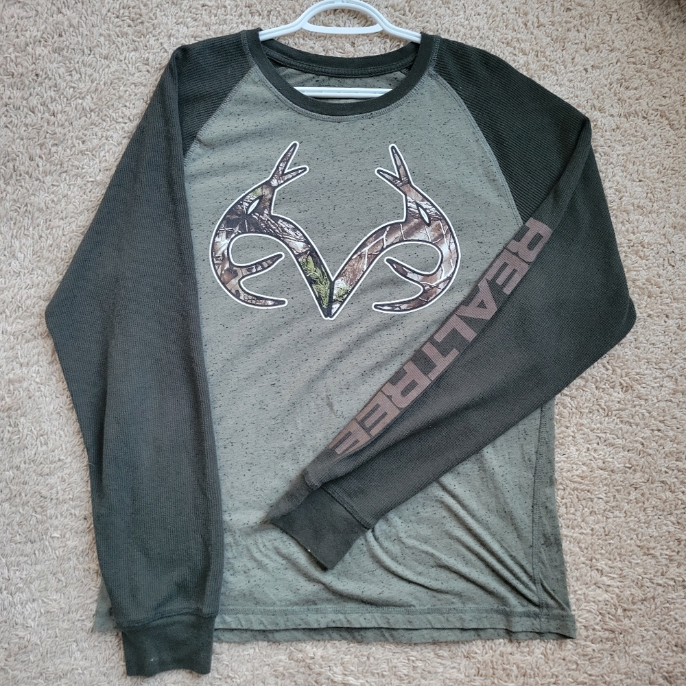 Realtree Men's Green Camo Logo Knit Henley Long Sleeve Shirt Size L